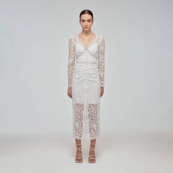 Self-Portrait Embellished Lace Midi Dress in Ivory - www.joarbit.com